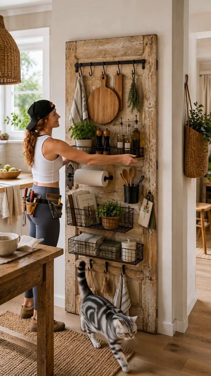 Woman using a rustic wooden wall organizer with kitchen tools and a cat.