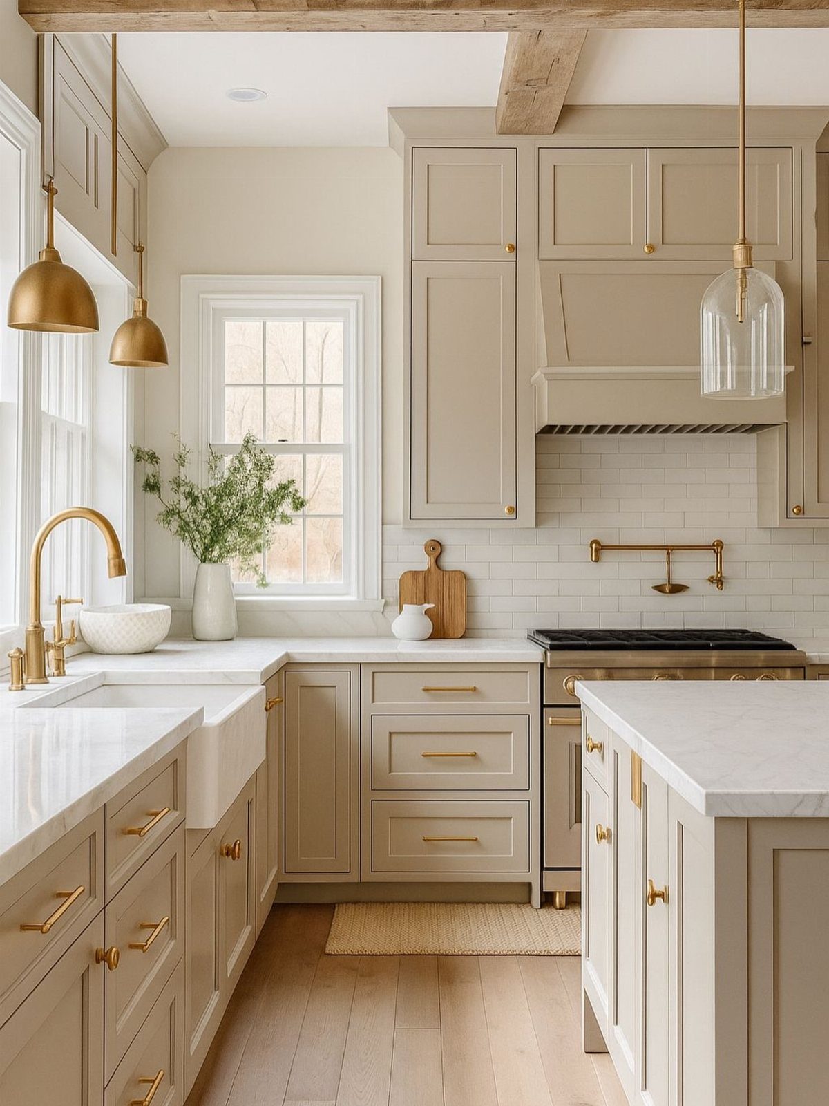 Beige rustic kitchen with white marble countertops, gold hardware, and light wood flooring.