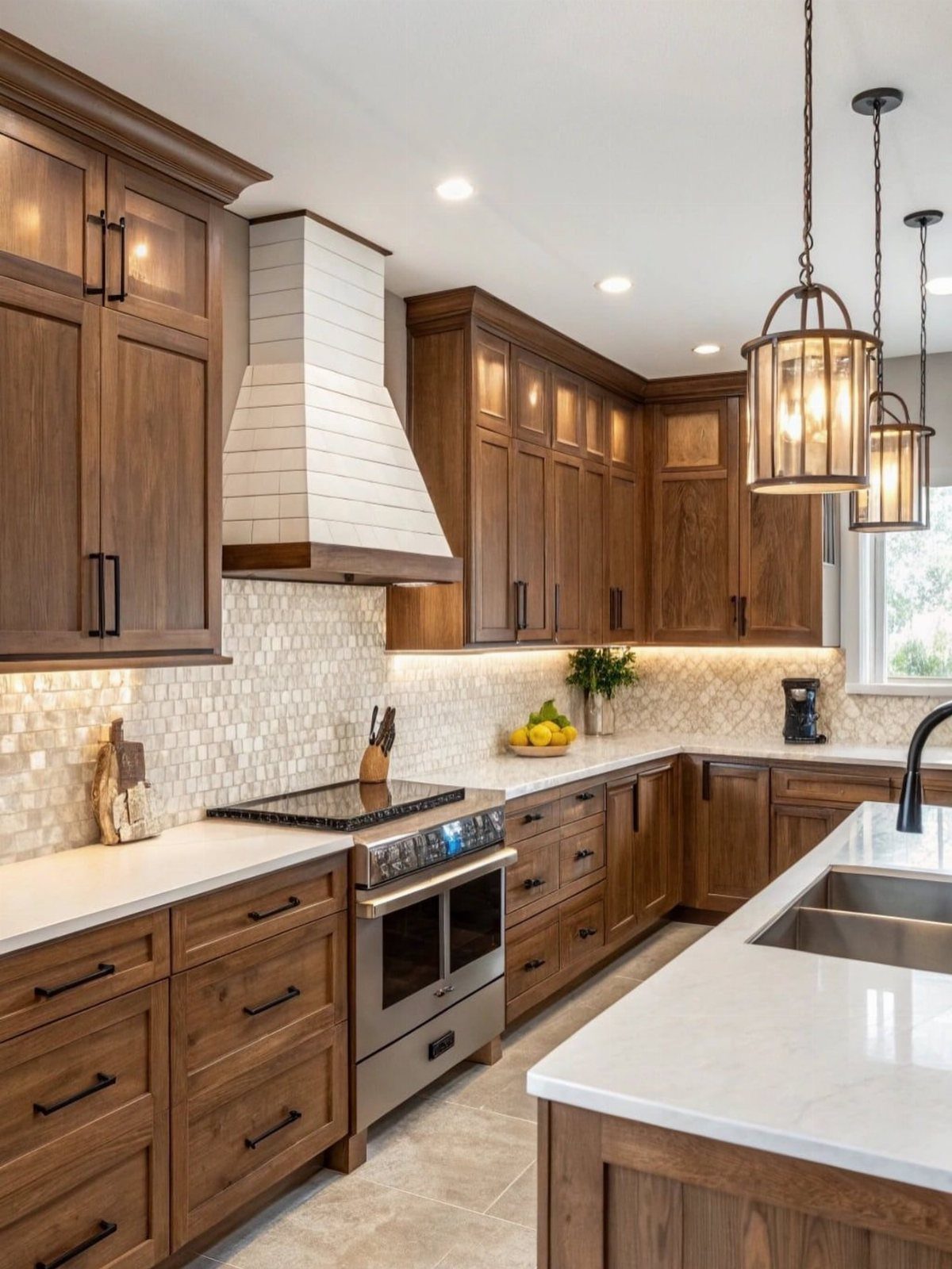 Medium-toned wooden cabinets and white countertops in a rustic kitchen with lantern lighting.