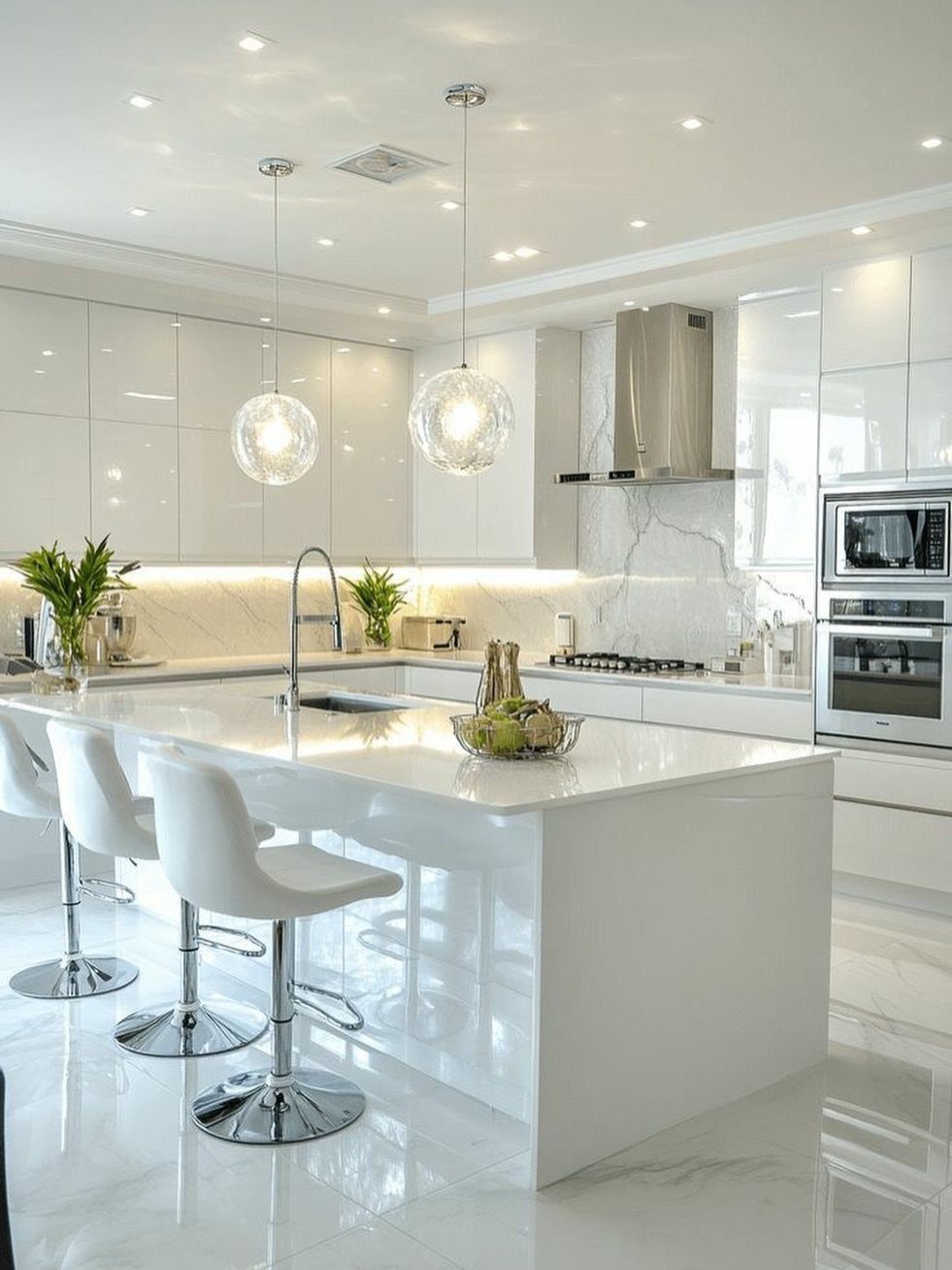 Contemporary white kitchen with glossy cabinets, waterfall island, and spherical glass pendant lights.