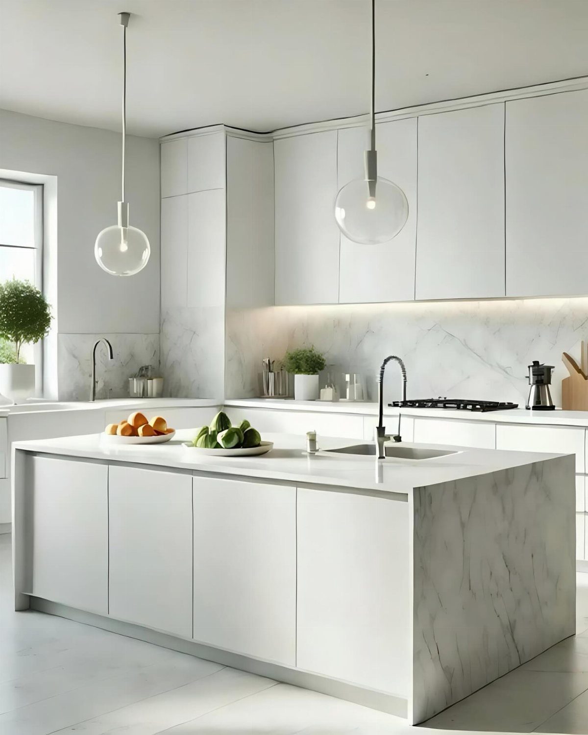 Flat-panel white cabinets in a minimalist kitchen with a white marble island.
