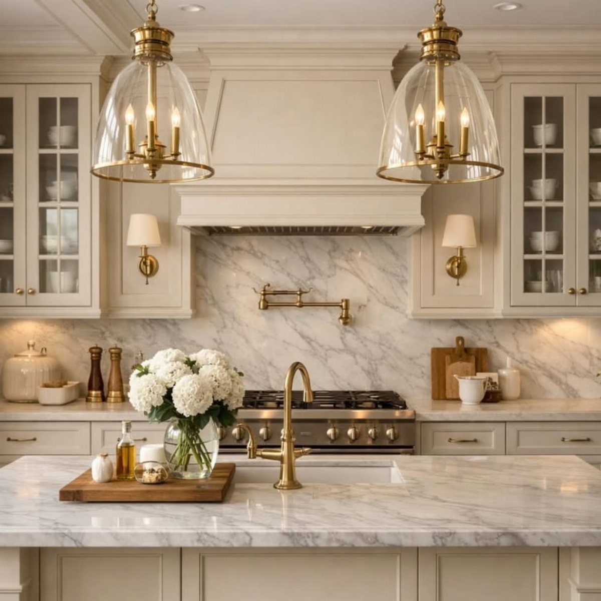 White kitchen with a large plaster range hood and gold pendant lighting.