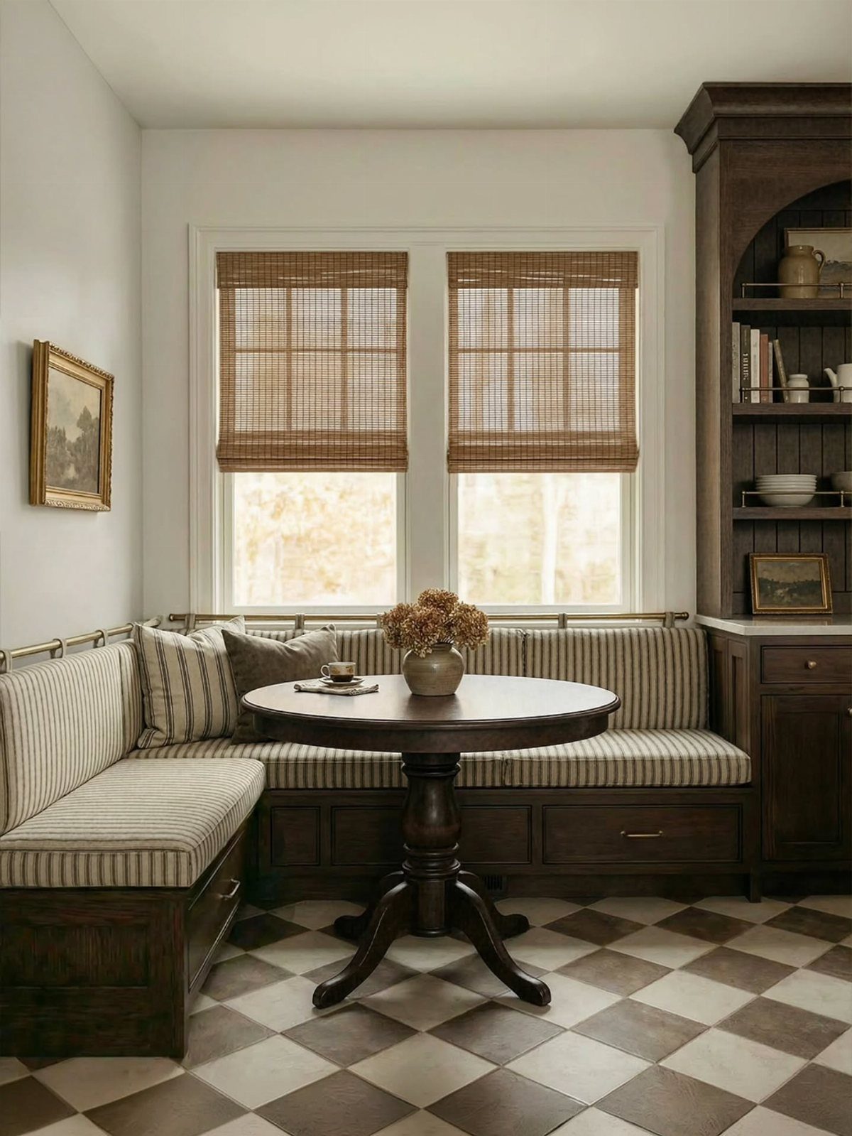 L-shaped built-in kitchen bench with striped cushions and a round wooden table.