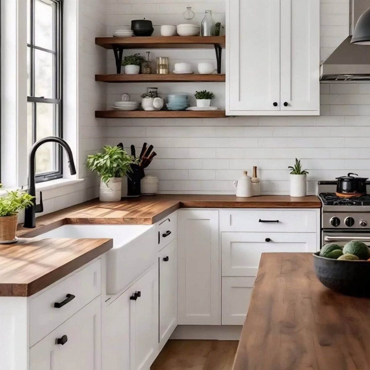 15 Kitchen Style L Shape Ideas, from Islands to Backsplashes 10 Butcher block countertops in a white kitchen with a farmhouse sink and open shelving.