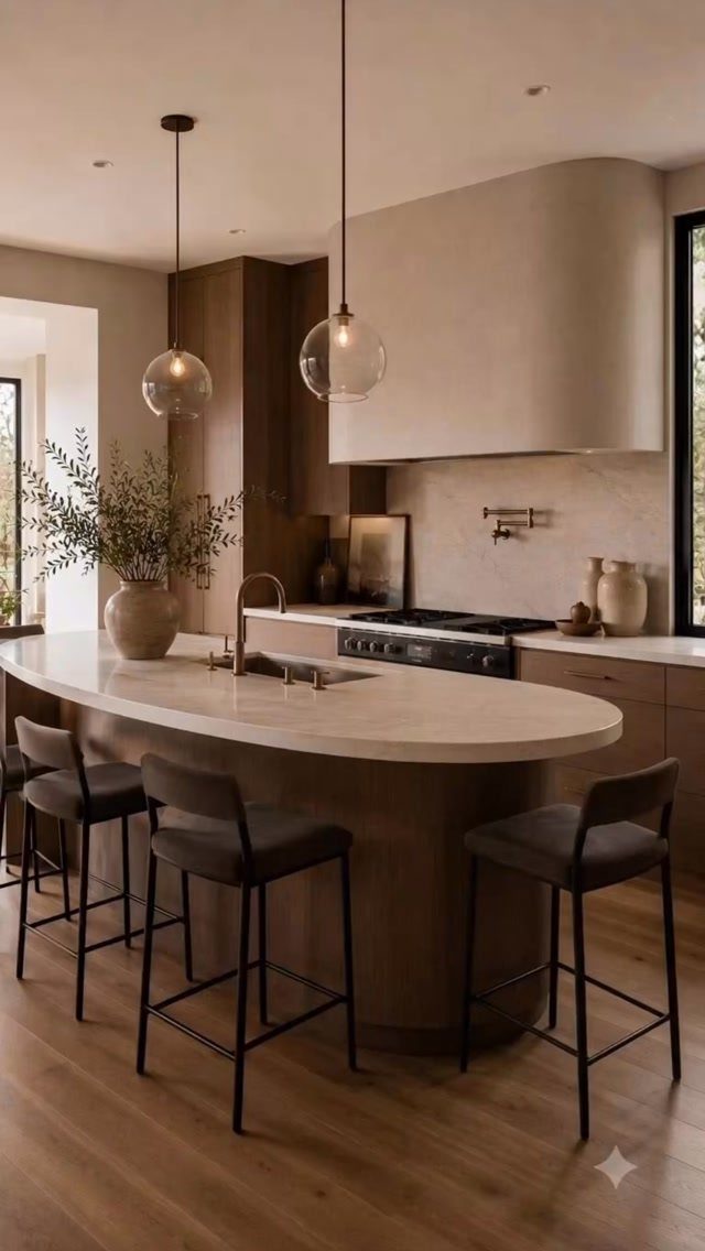 15 Kitchen Style L Shape Ideas, from Islands to Backsplashes 1 Curved white kitchen island with three dark grey bar stools and glass pendant lighting.