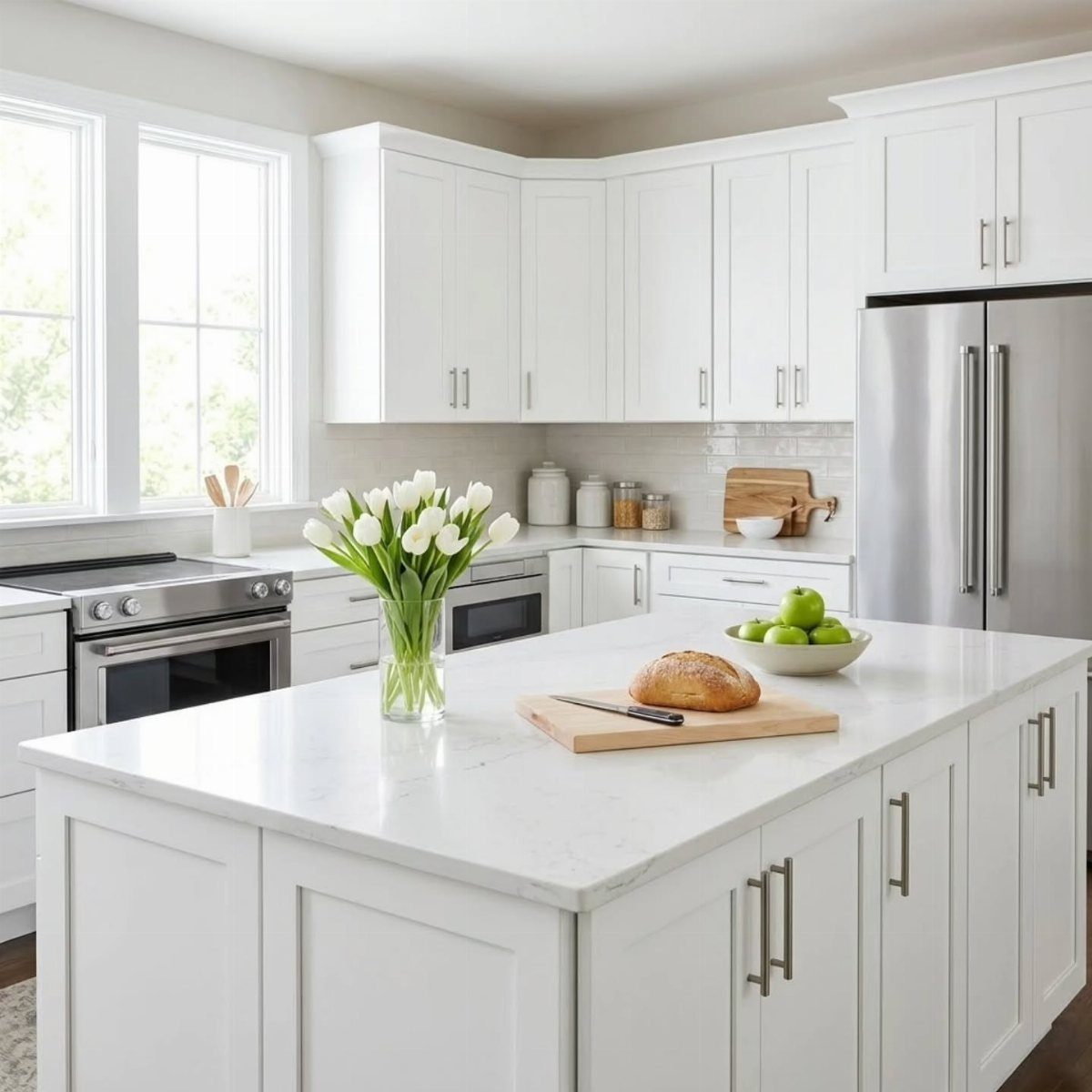 15 Kitchen Style L Shape Ideas, from Islands to Backsplashes 2 White kitchen with marble countertops, white cabinets, and a central island with tulips.