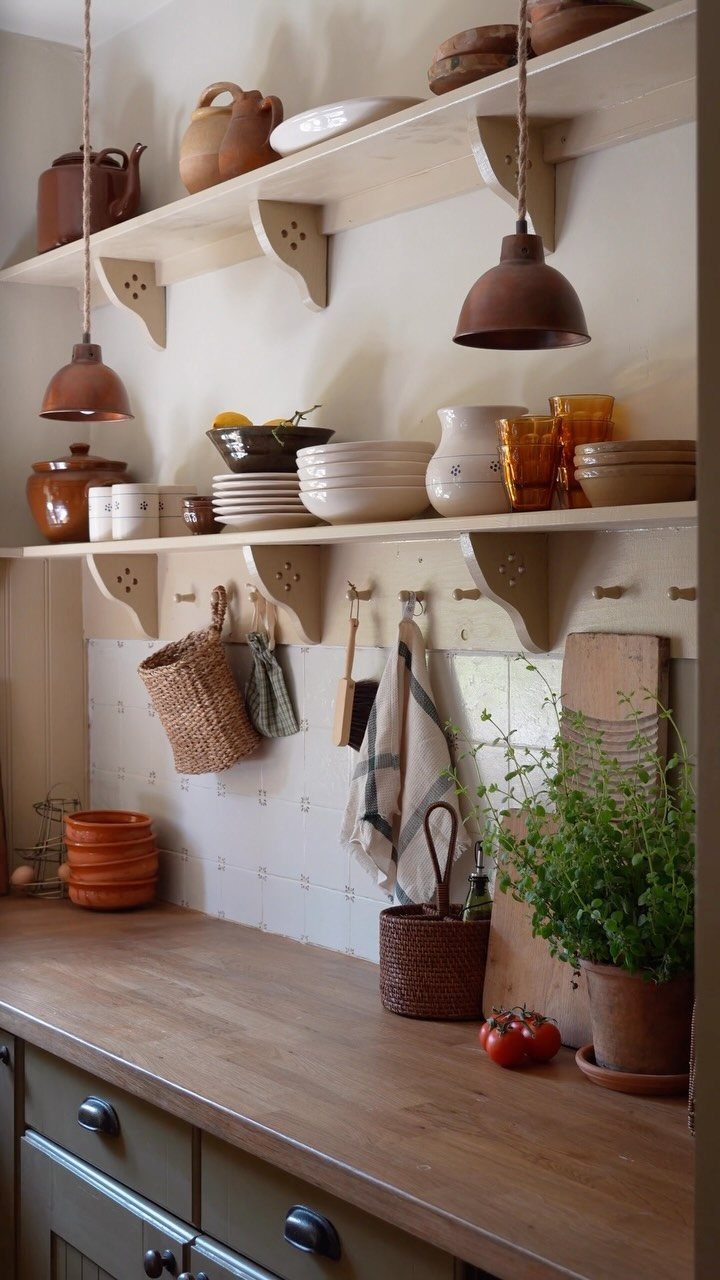 12 Kitchen Updates on a Budget, From Hardware to Pantry Jars 2 White open shelves with ceramic pottery above a wooden kitchen countertop and backsplash