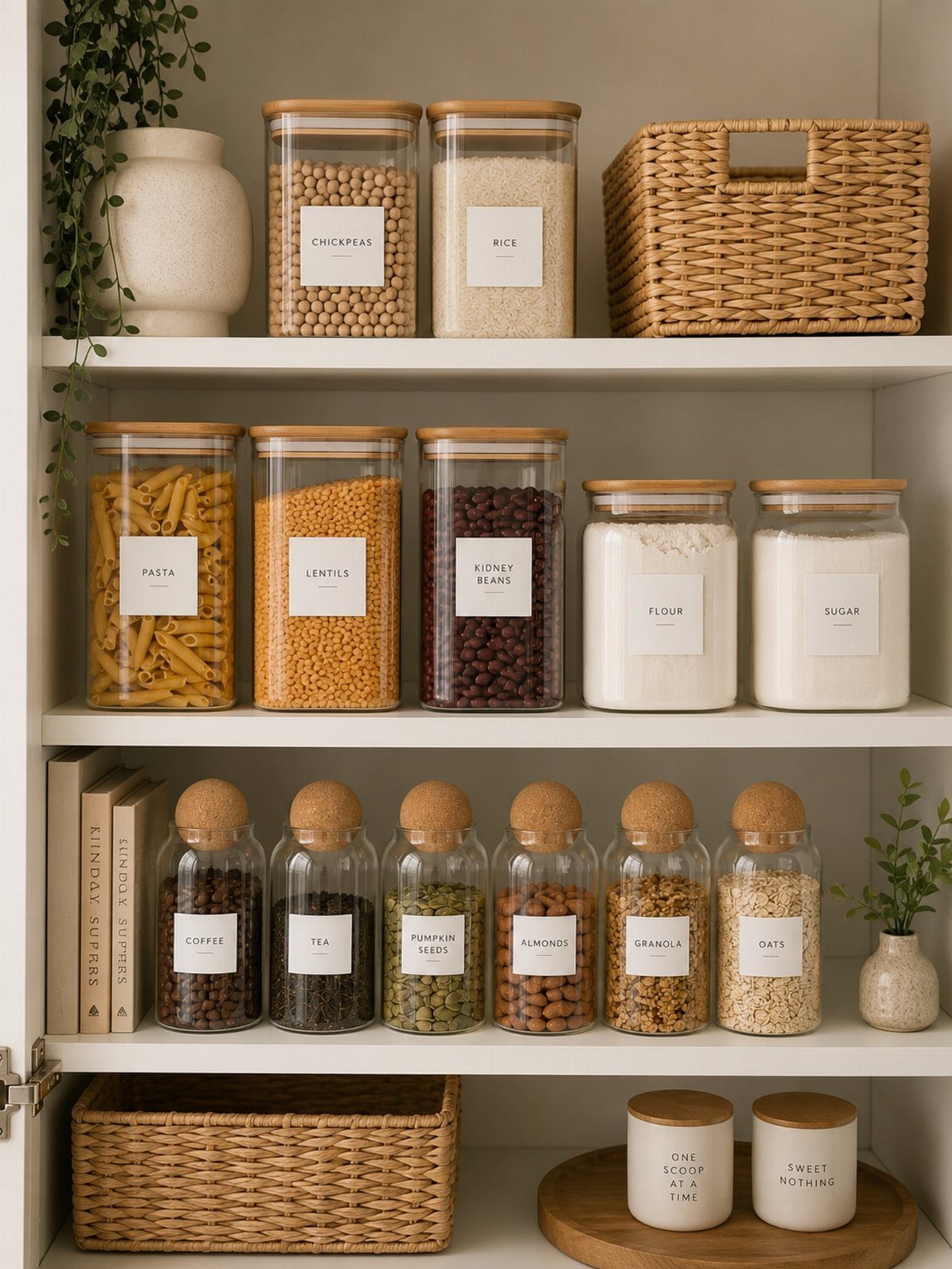 12 Kitchen Updates on a Budget, From Hardware to Pantry Jars 12 Glass pantry jars with wooden lids and labels storing various dry food ingredients