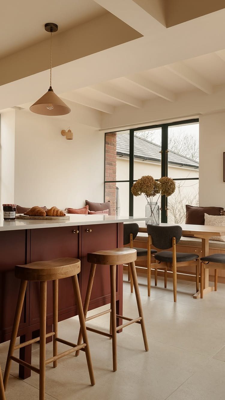 12 Kitchen Updates on a Budget, From Hardware to Pantry Jars 3 Red kitchen island with white countertop and wooden bar stools under a pendant light.