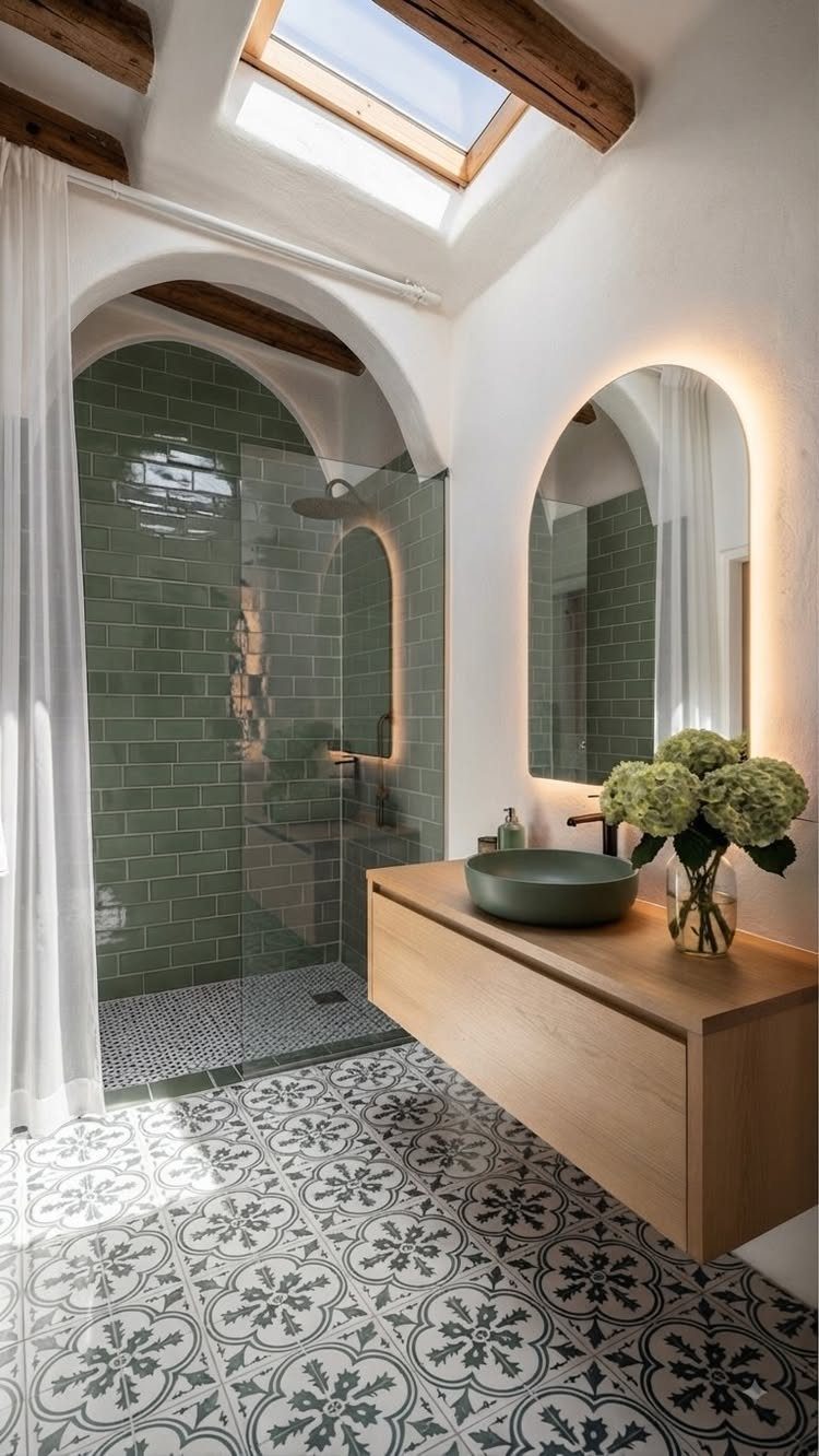 Arched backlit mirror above a light wood vanity in a modern bathroom.