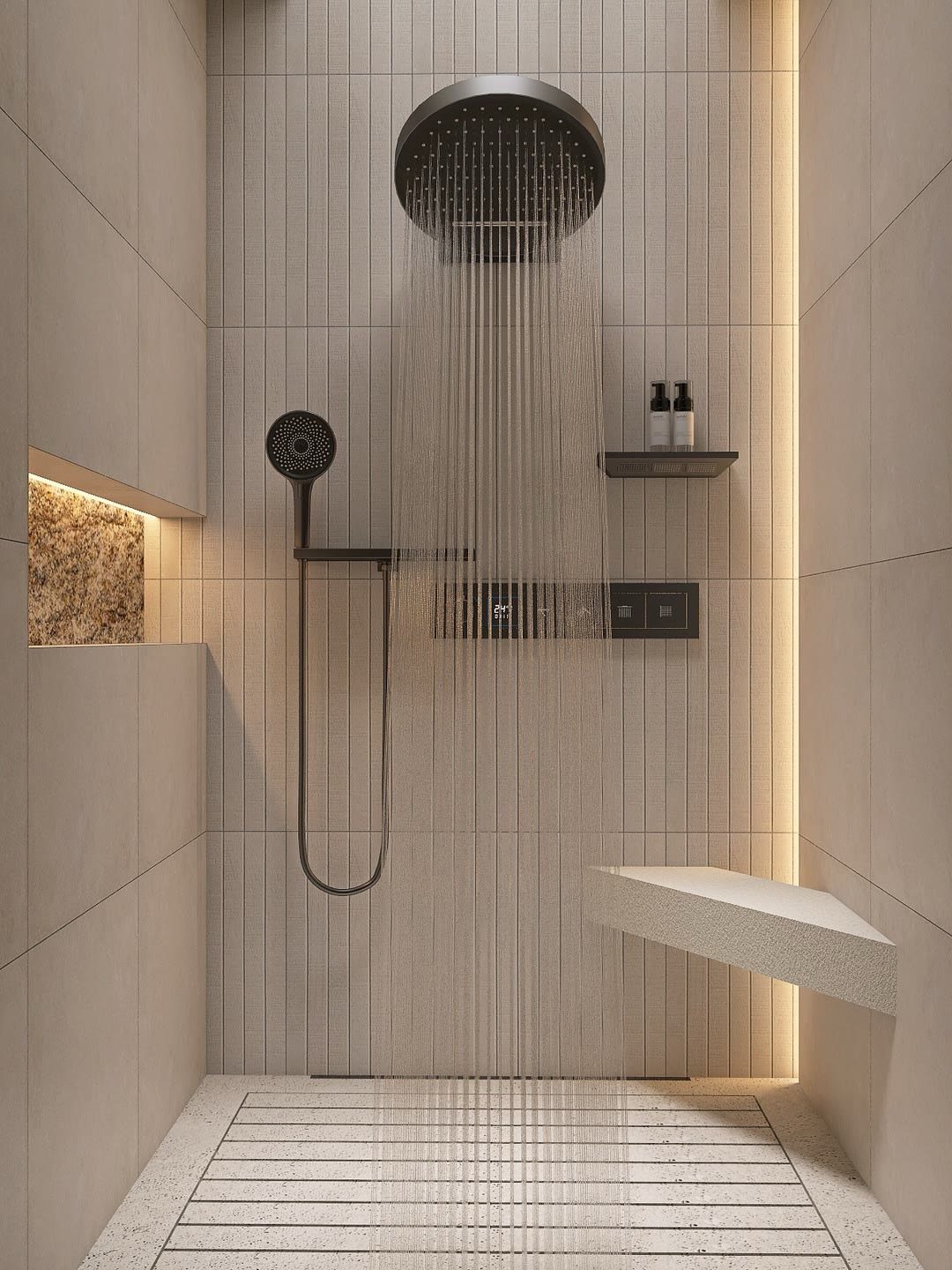 Modern walk-in shower featuring a rainfall showerhead and a handheld showerhead with beige tiles.