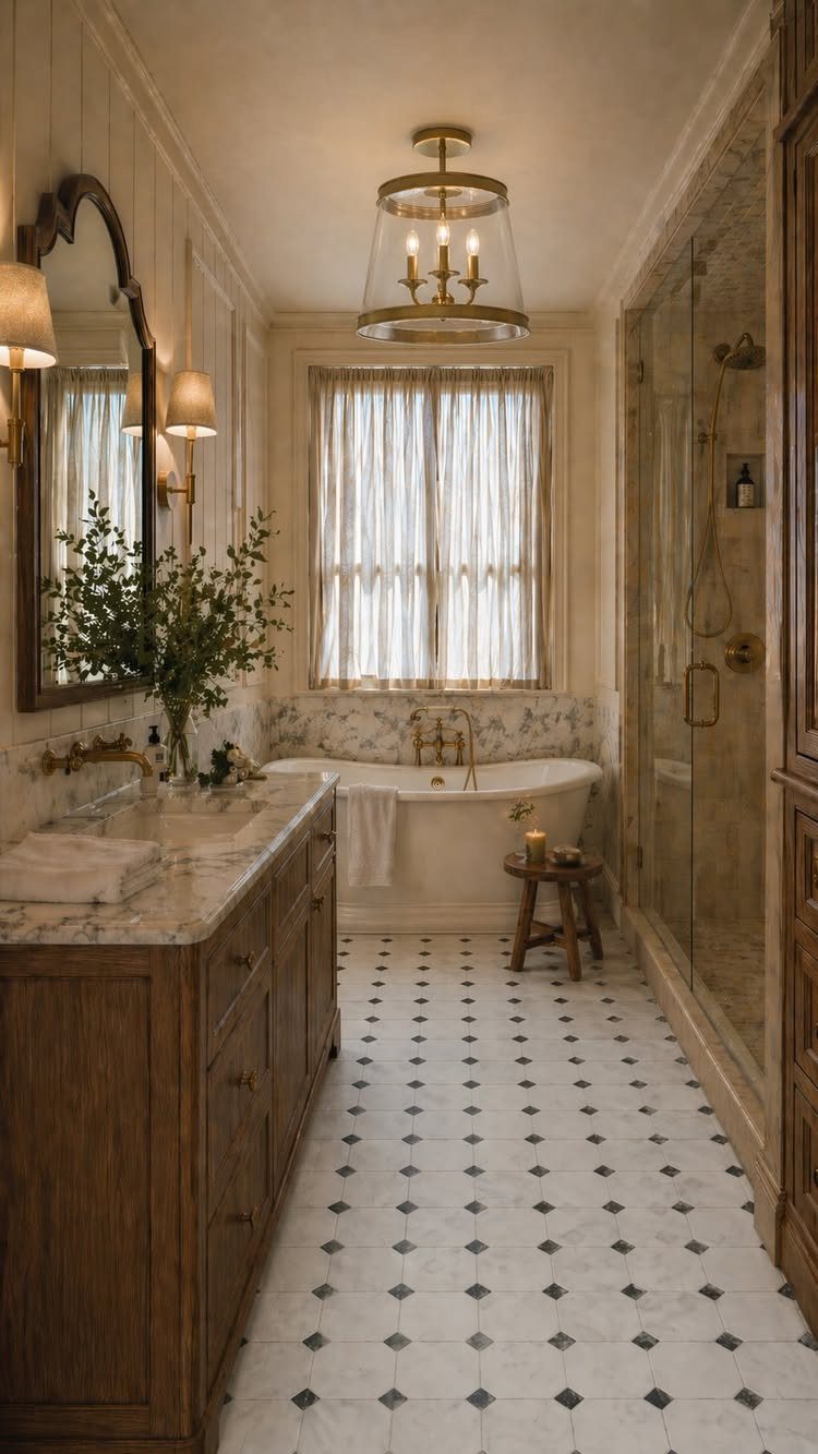 Luxurious bathroom with a wooden vanity, freestanding tub, and layered ceiling and wall lighting.