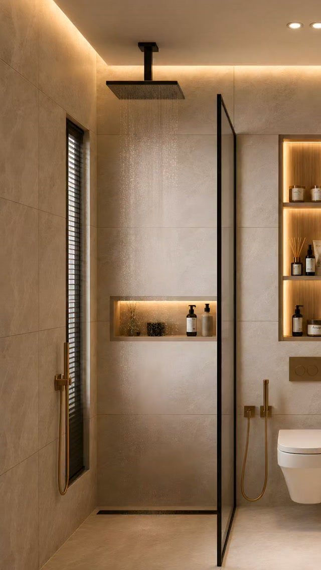 Modern walk-in shower with beige tiles, rainfall showerhead, and recessed illuminated wall niche.