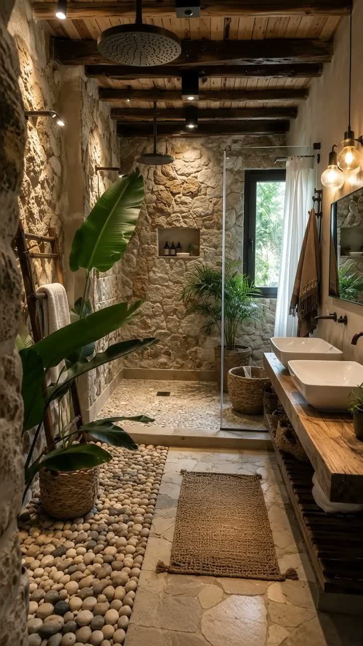 Rustic large bathroom with stone walls, wooden beams, double sinks, and indoor plants.