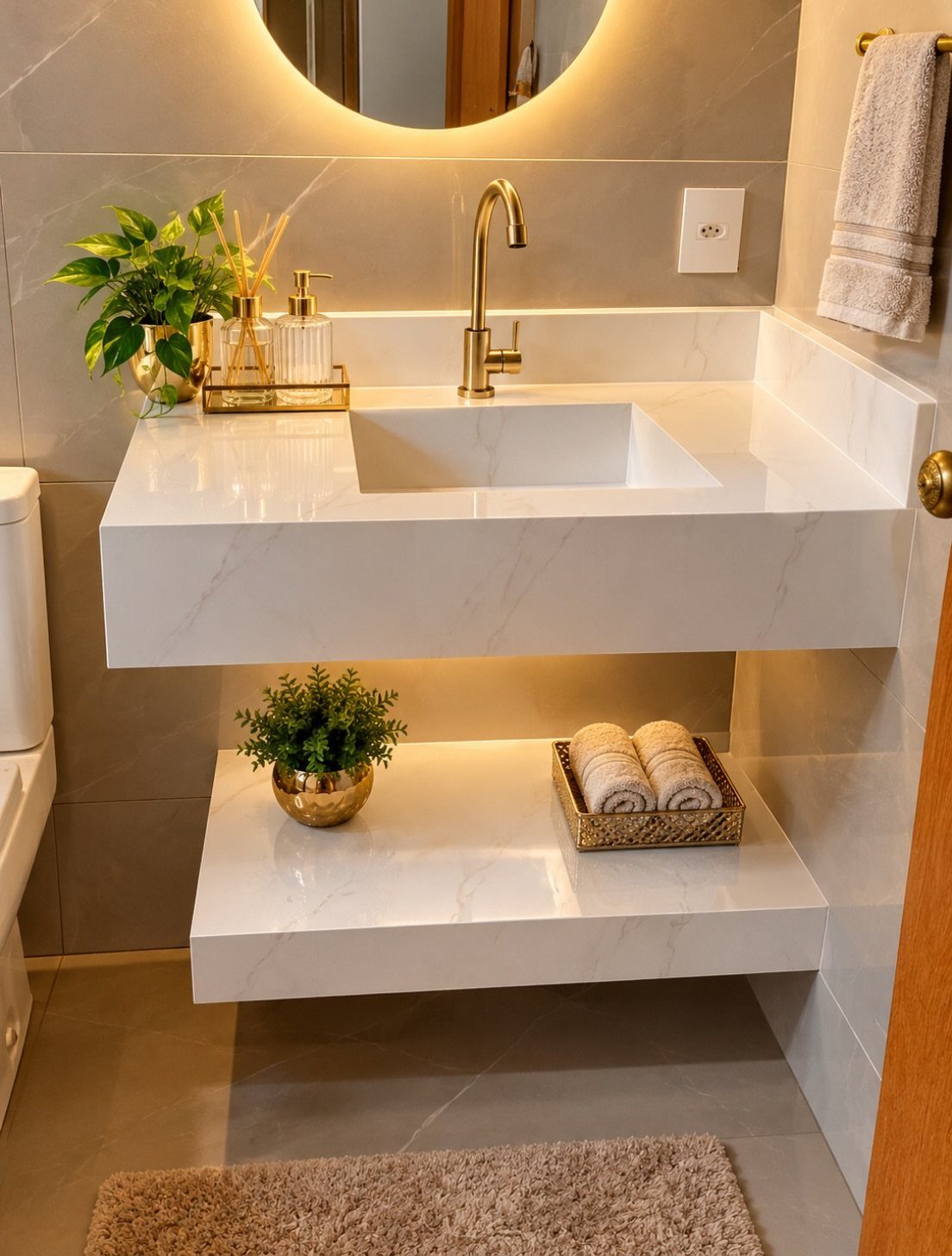 White marble floating vanity with a single sink and gold faucet in a bathroom