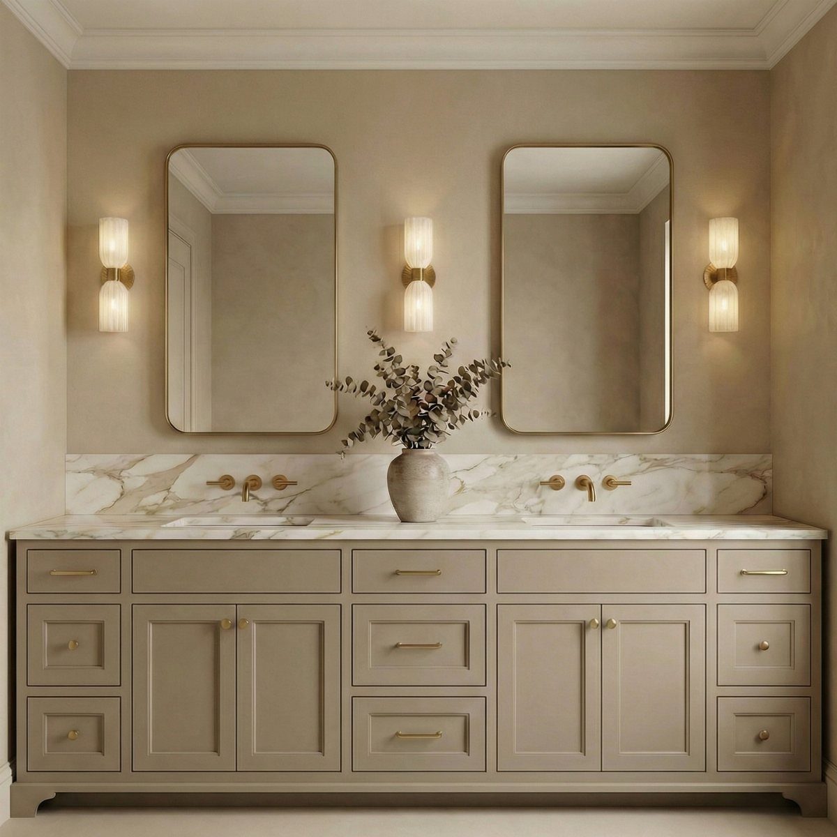 Double vanity with beige cabinets, marble top, and glowing cylindrical wall sconces.