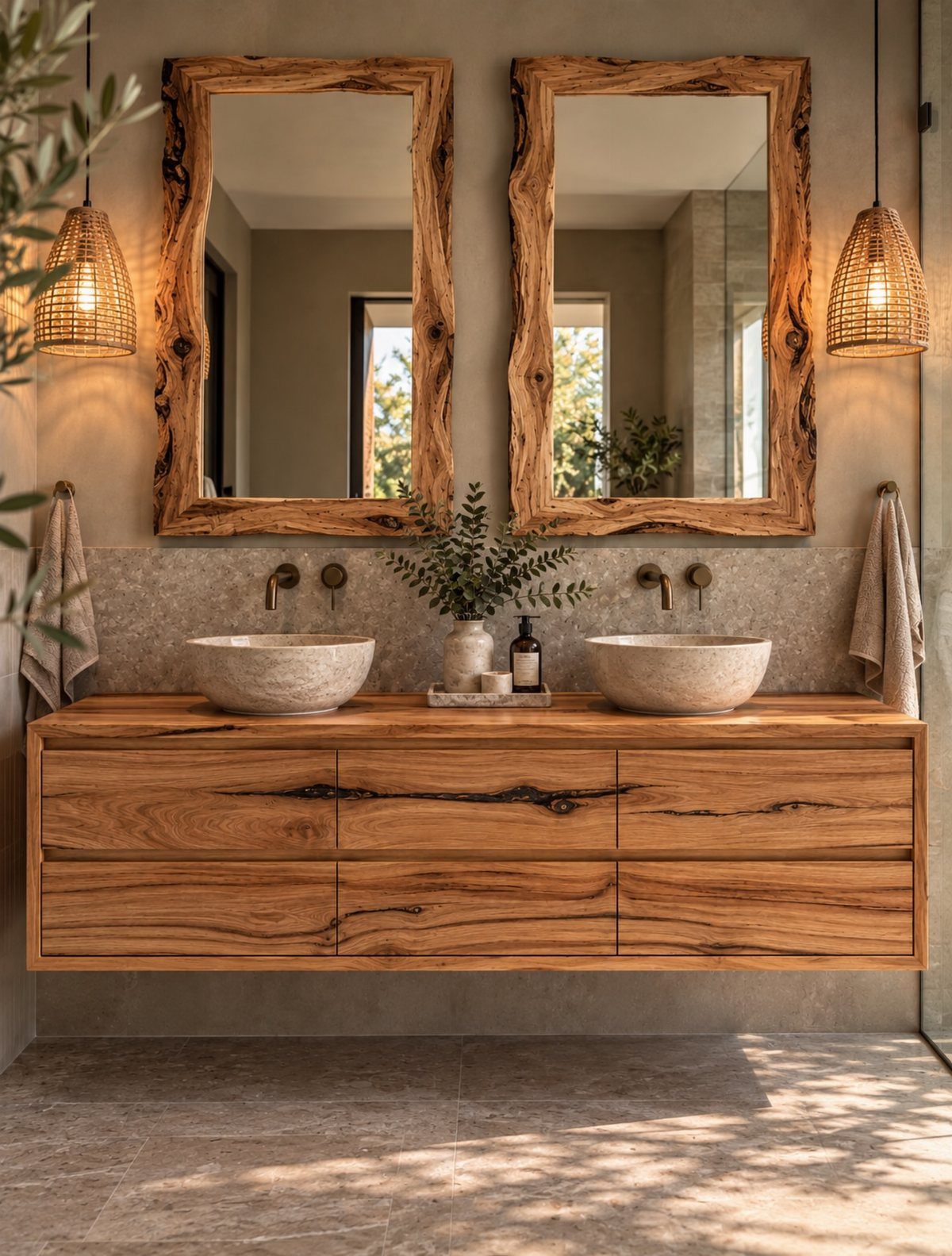 Warm wood floating vanity with stone vessel sinks and natural wood framed mirrors.