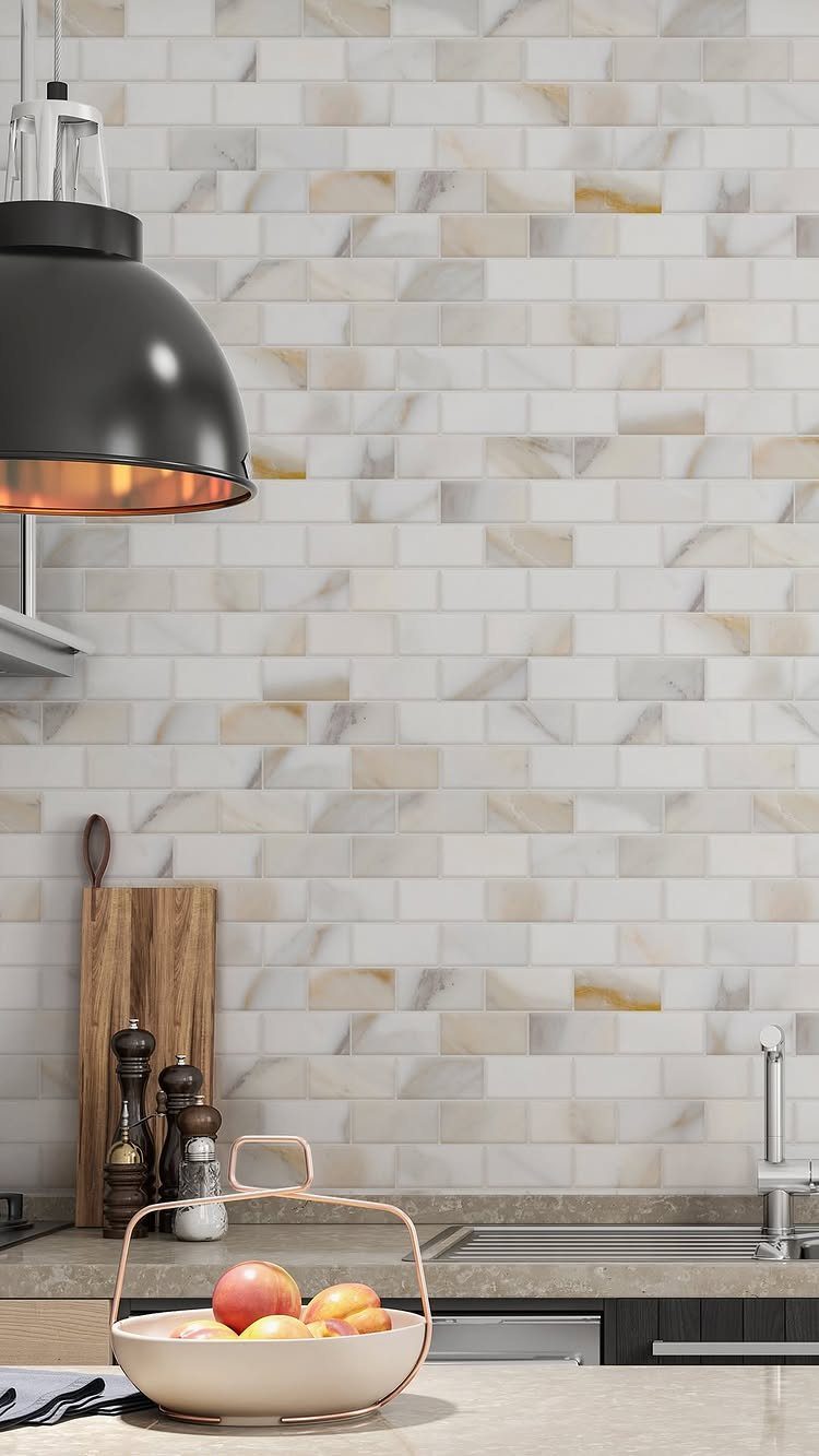 10 Mid Century Modern Kitchen Remodel Ideas for Your Home 2 Stone tile backsplash in white and beige tones in a modern kitchen setting