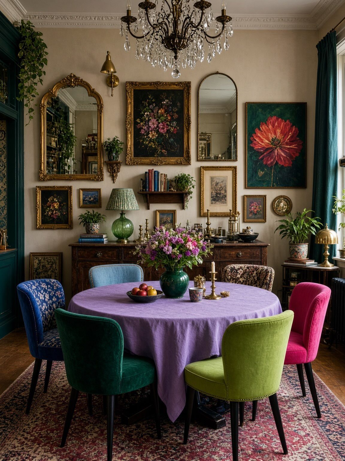 Mismatched Chairs Dining Table: 12 Ideas for a Cohesive Look 8 Round dining table with purple cloth surrounded by colorful mismatched velvet chairs in a room.
