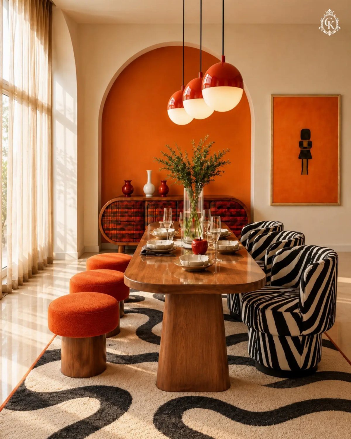 Mismatched Chairs Dining Table: 12 Ideas for a Cohesive Look 12 Wooden dining table with orange velvet stools and zebra-patterned chairs in a modern room.