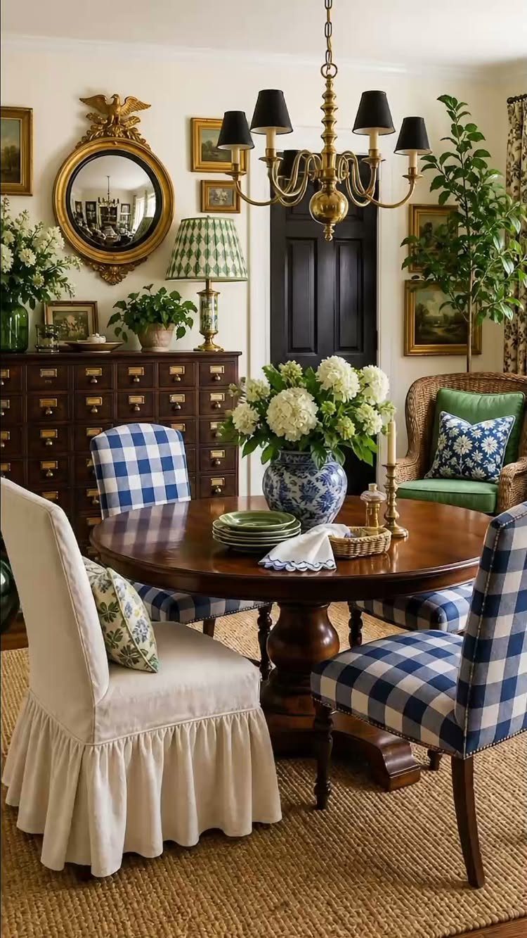 Mismatched Chairs Dining Table: 12 Ideas for a Cohesive Look 2 Round wooden dining table with blue checkered chairs and a white slipcovered chair.