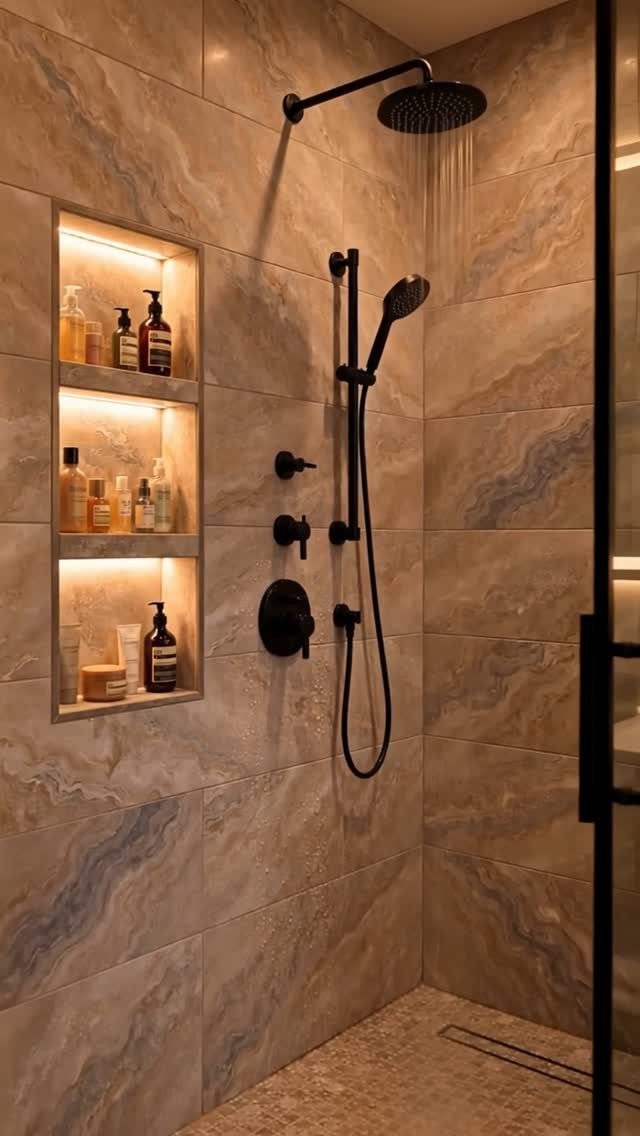 12 Mobile Home Master Bath Remodel Ideas and Moisture Tips 2 Large marbled bathroom tiles in a modern shower with black fixtures and lit niche