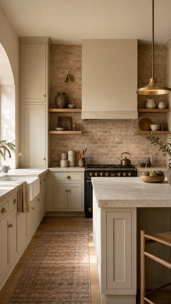Neutral Kitchen Cabinets: 16 Colors From Greige to Black 7 Beige shaker cabinets and marble island in a kitchen with brick backsplash.