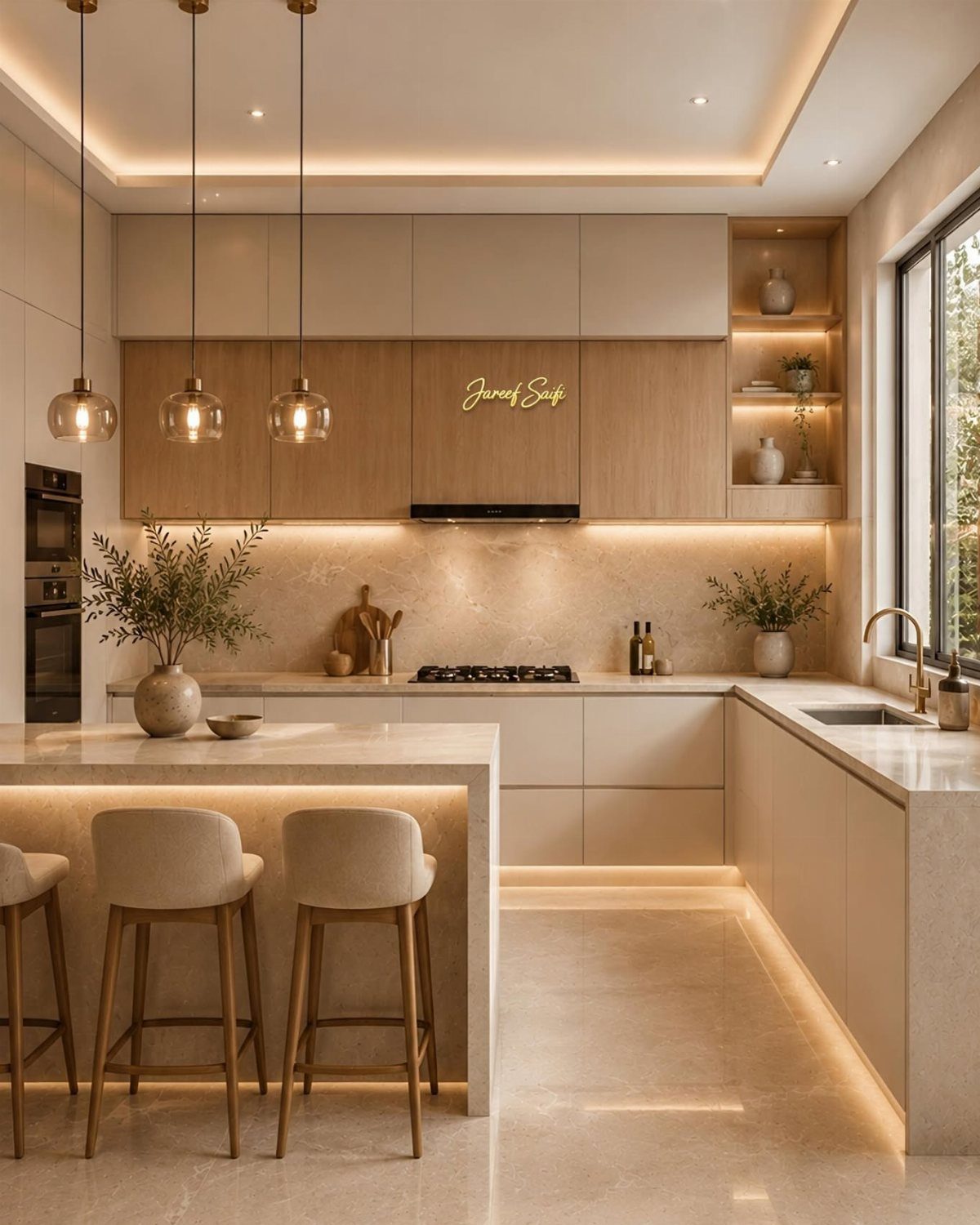 Neutral Kitchen Cabinets: 16 Colors From Greige to Black 4 Modern kitchen with warm oatmeal-colored cabinets, a matching island, and elegant pendant lighting.