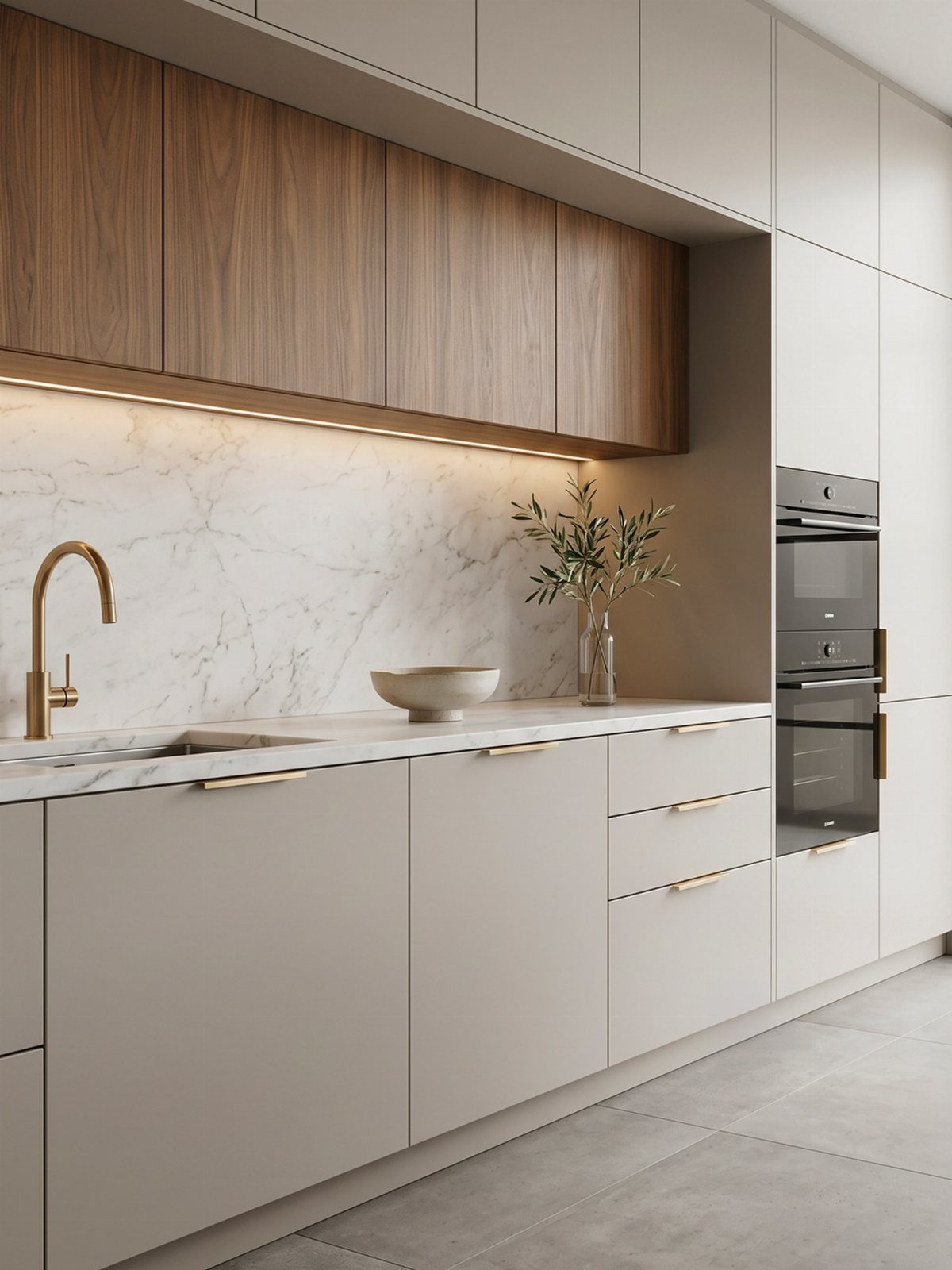 Neutral Kitchen Cabinets: 16 Colors From Greige to Black 6 Taupe and beige kitchen cabinets with walnut accents and a white marble backsplash.