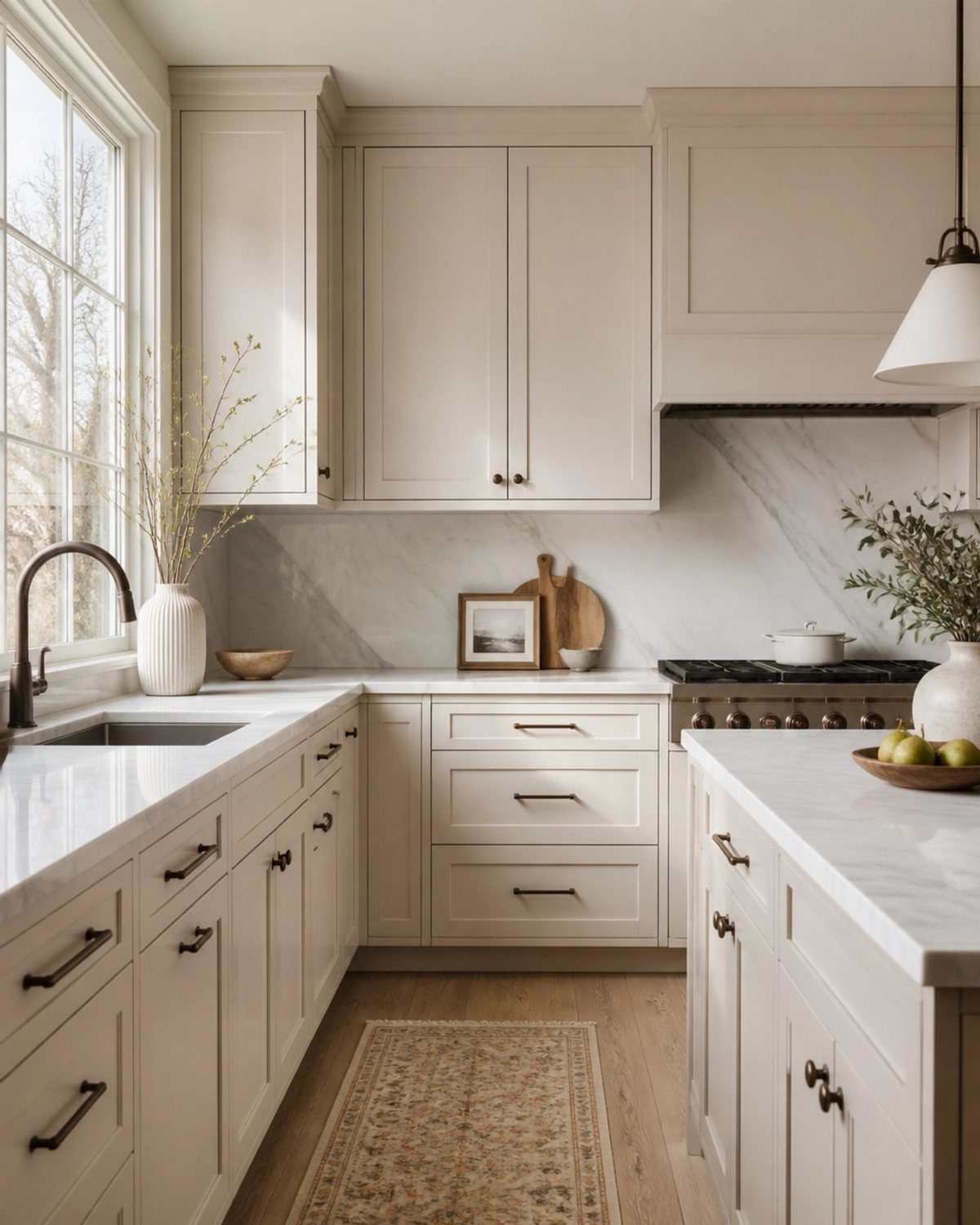 Neutral Kitchen Cabinets: 16 Colors From Greige to Black 3 Oatmeal colored kitchen cabinets with white marble countertops and a light wood floor.