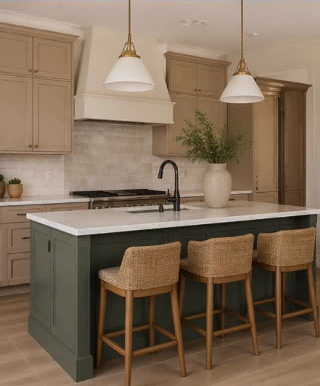 Neutral Kitchen Cabinets: 16 Colors From Greige to Black 16 Warm taupe kitchen cabinets with a dark green island and woven wicker bar stools.