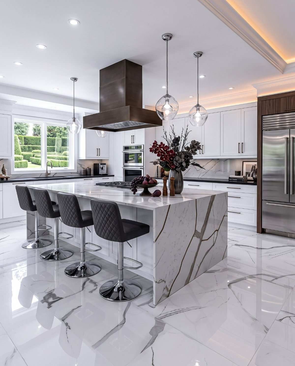 White marble kitchen island with a built-in gas range and grey bar stools.