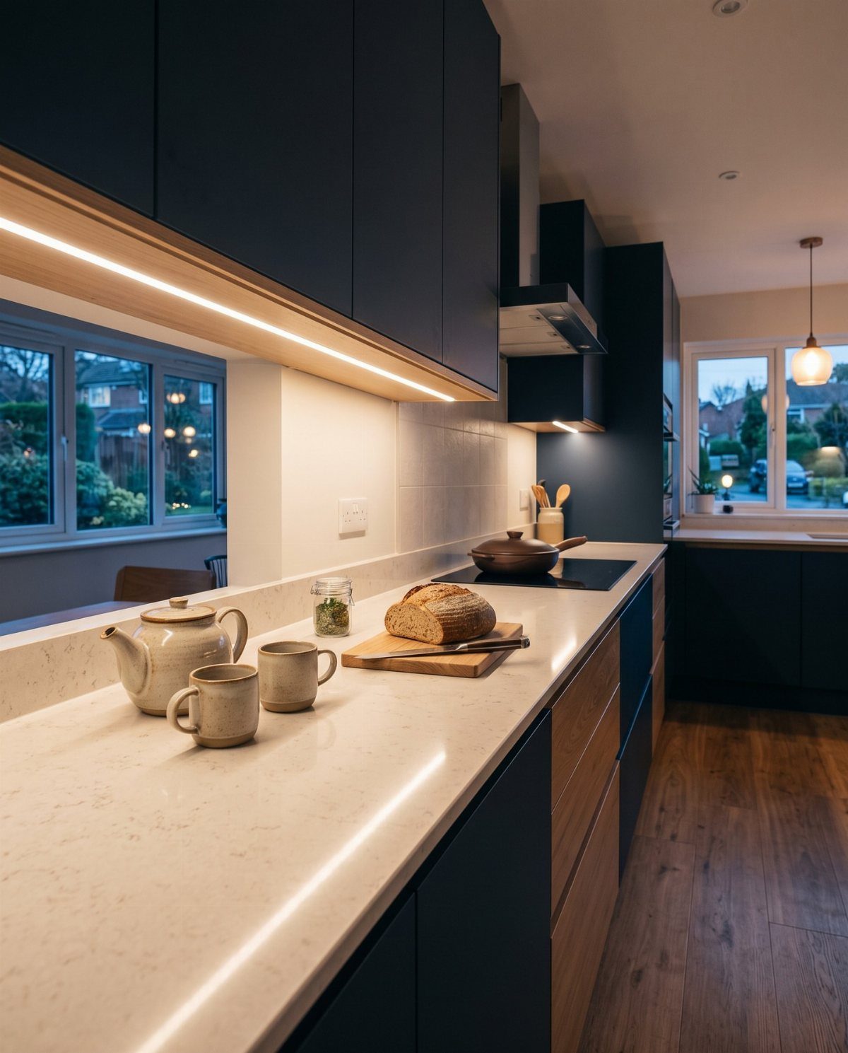 Modern kitchen with warm LED under-cabinet lighting illuminating a white countertop and dark cabinetry.
