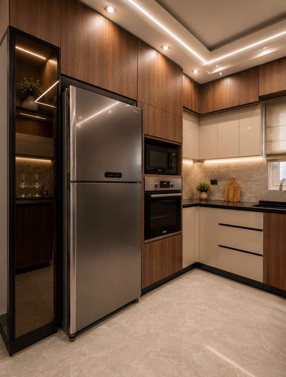 Modern kitchen with warm wood cabinetry, stainless steel refrigerator, and white lower cabinets.