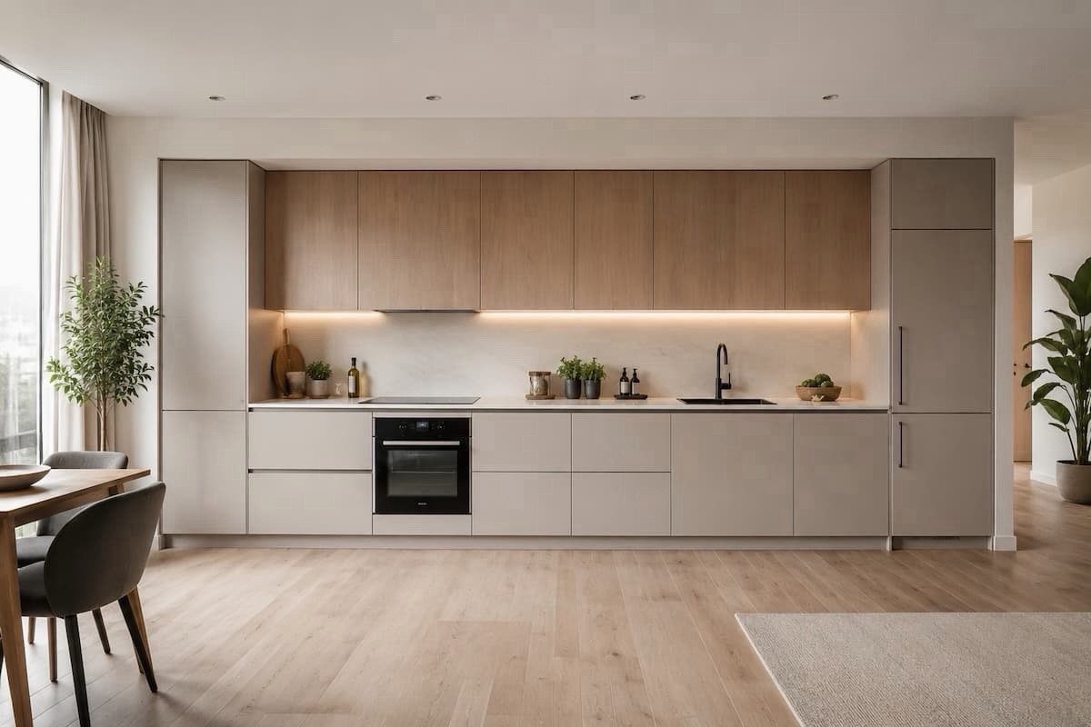 Modern one-wall kitchen with matte grey lower cabinets and light wood upper cabinets.