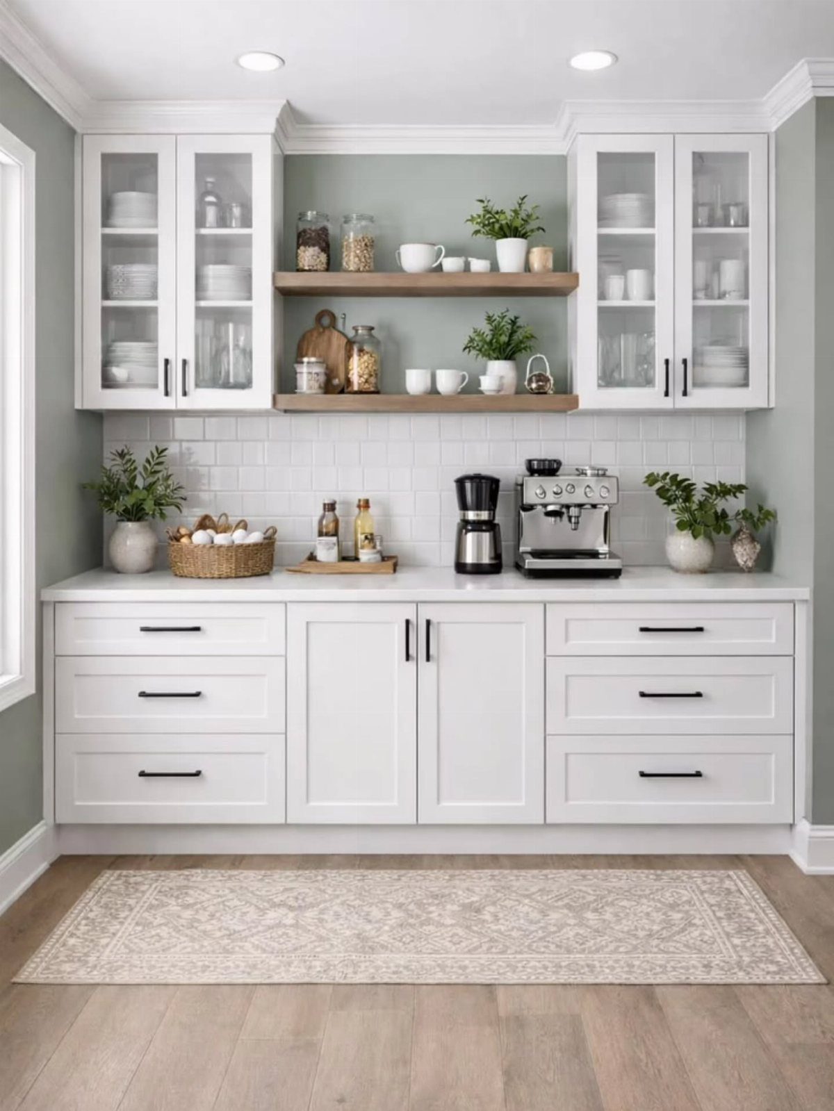 White kitchen cabinets with glass inserts and wooden open shelving against a tiled wall.