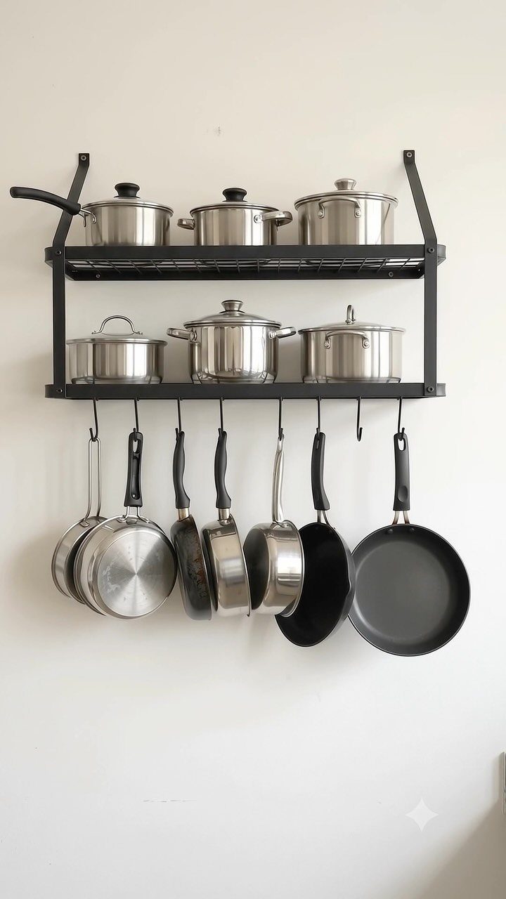 Black metal wall rack holding stainless steel pots and frying pans on white wall.