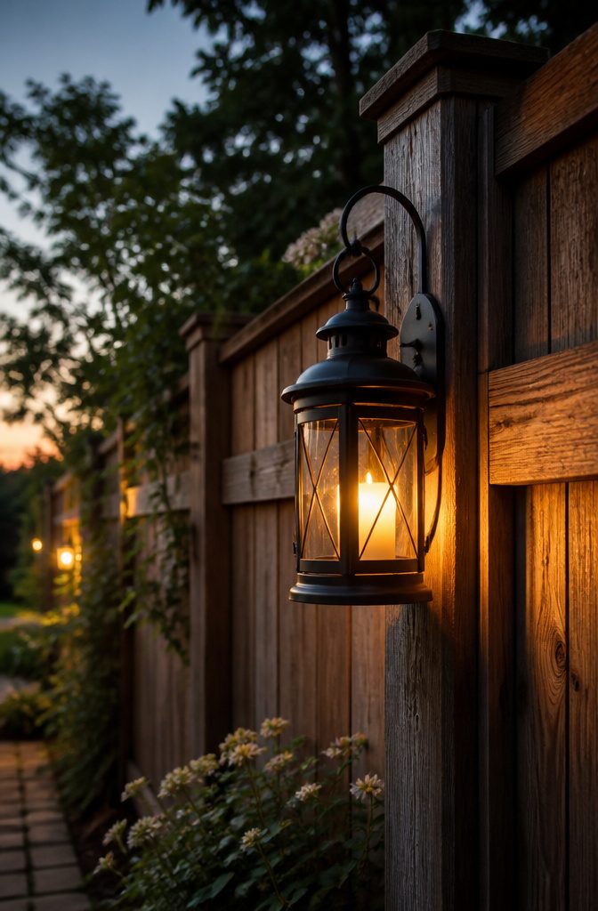 20 Outdoor Fence Lighting Ideas That Work in 2026 8 Antique lantern mounted on a wooden fence.