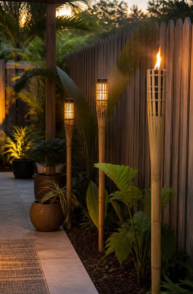 20 Outdoor Fence Lighting Ideas That Work in 2026 10 Bamboo torch lights alongside a wooden fence.