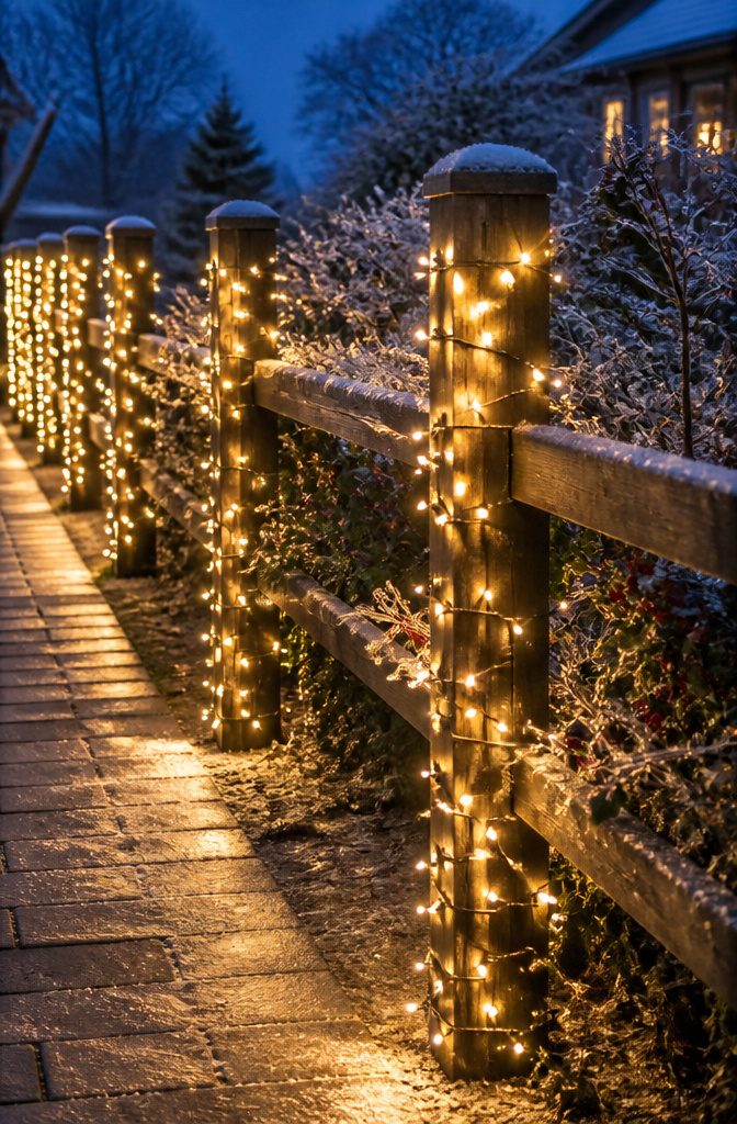 20 Outdoor Fence Lighting Ideas That Work in 2026 2 Christmas lights wrapped around a wooden fence post.