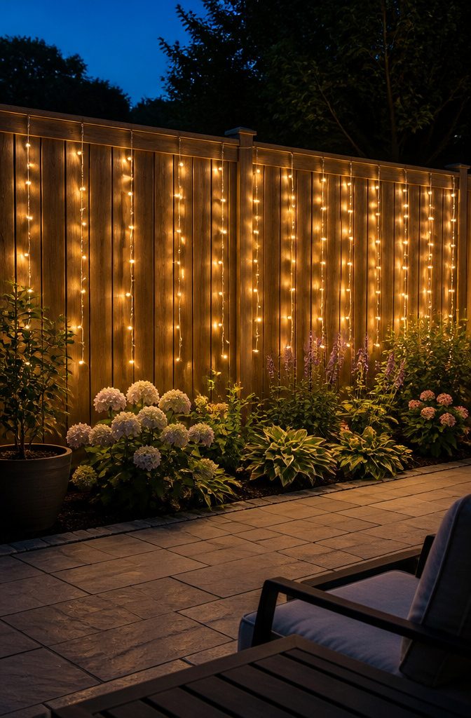 20 Outdoor Fence Lighting Ideas That Work in 2026 12 Curtain string lights draped over a wooden fence.