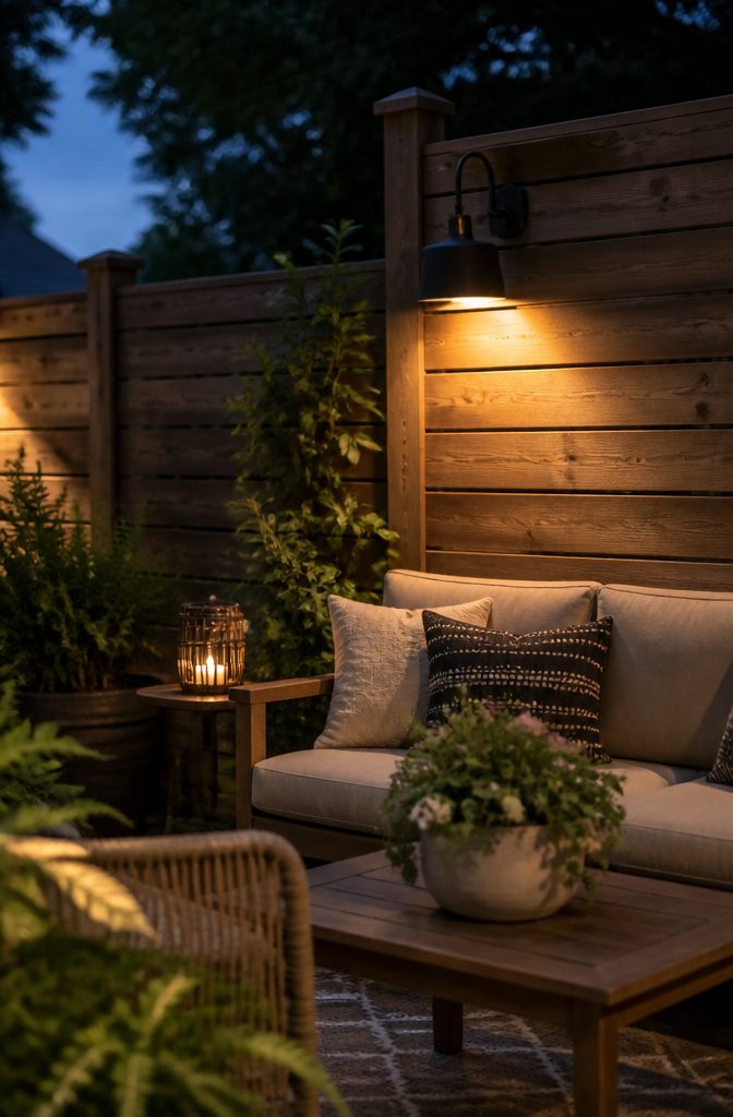 20 Outdoor Fence Lighting Ideas That Work in 2026 14 Pendant light mounted on a decorative wooden fence.