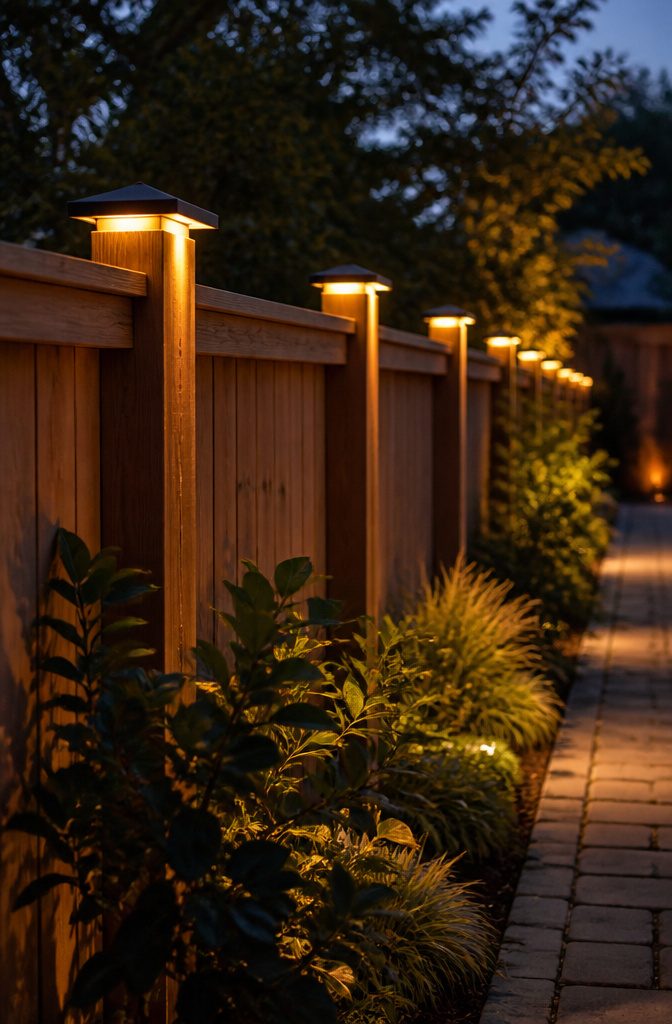 20 Outdoor Fence Lighting Ideas That Work in 2026 19 Solar post cap lights on wooden posts of a garden fence.