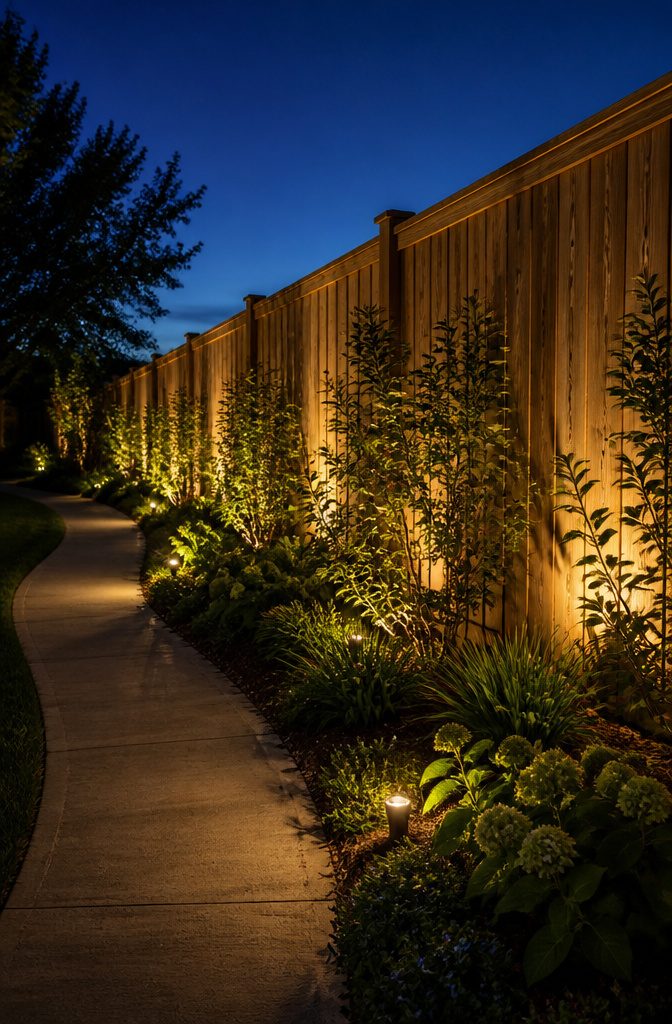 20 Outdoor Fence Lighting Ideas That Work in 2026 11 Uplighting placed at the base of a wooden fence.