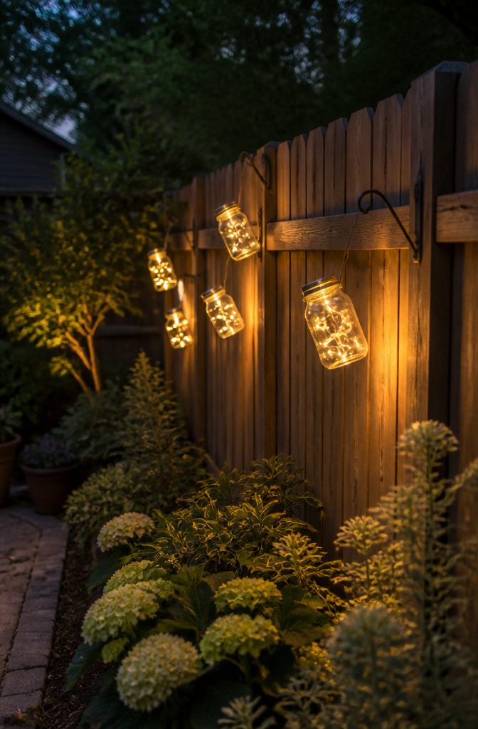 20 Outdoor Fence Lighting Ideas That Work in 2026 15 Hanging mason jars with LED lights on a wooden fence.