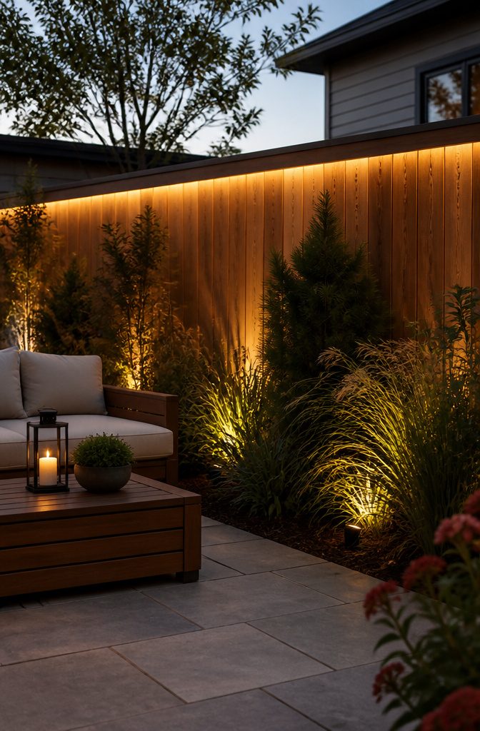 20 Outdoor Fence Lighting Ideas That Work in 2026 20 Invisible LED strips behind the top rail of a wooden fence.