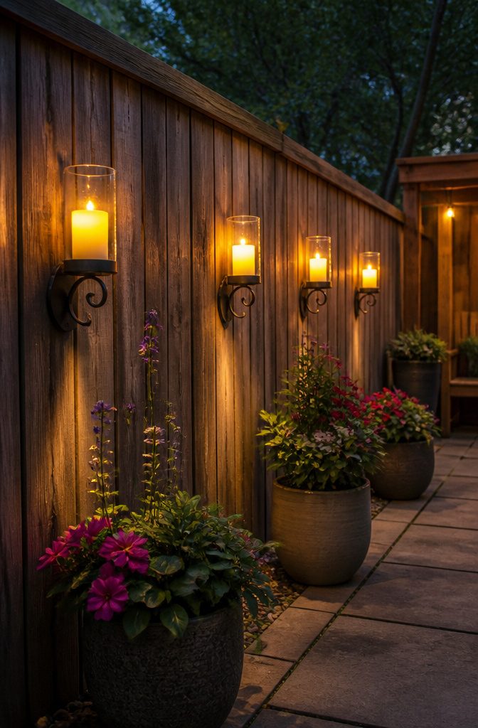 20 Outdoor Fence Lighting Ideas That Work in 2026 17 LED candle fixtures mounted on a privacy fence.