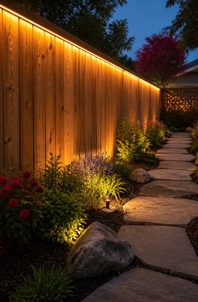 20 Outdoor Fence Lighting Ideas That Work in 2026 9 LED strip lights mounted on a wooden fence.