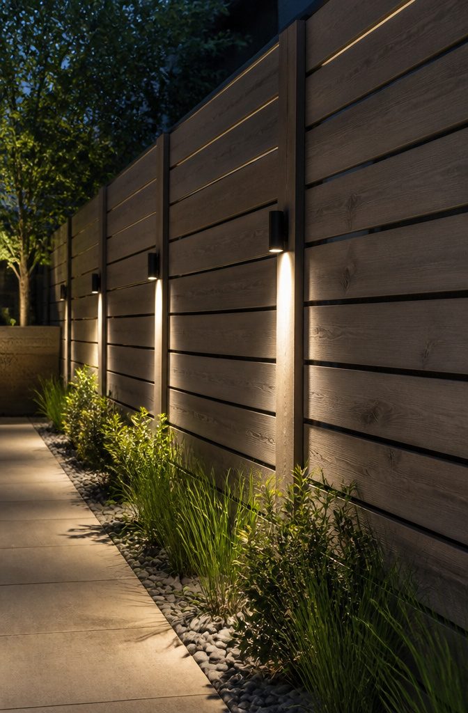 20 Outdoor Fence Lighting Ideas That Work in 2026 1 LED sconces mounted on a vertical wooden fence.