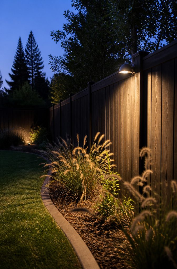 20 Outdoor Fence Lighting Ideas That Work in 2026 7 Motion sensor security light mounted on a wooden fence.